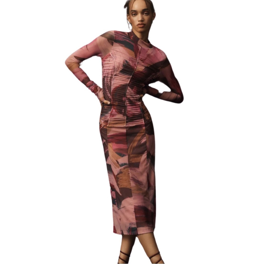By Anthropologie Long-Sleeve Printed Mesh Midi Dress size Large